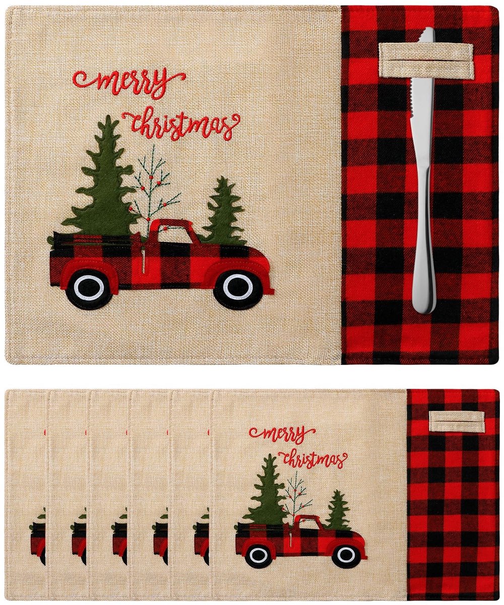 Solidchoice - 6-delige Kerst Placemat Set met Rood Plaid en Auto