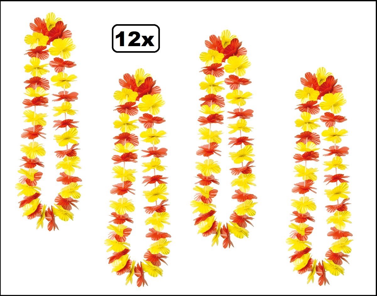 12x Hawai slinger rood/geel - bloemenkrans - Zomer thema feest hawaii krans huwelijk Spanje Beach party