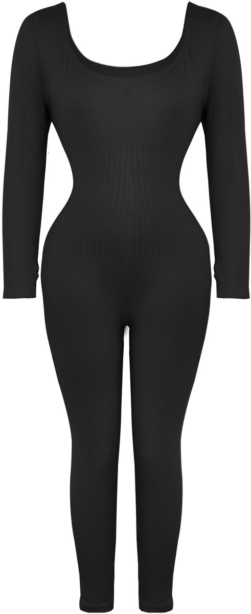 MEETYOO Dames Shapewear Full Body Bodysuit Corrigerend Shaper Compressiepak Naadloos Lange Mouwen-Zwart-XXL