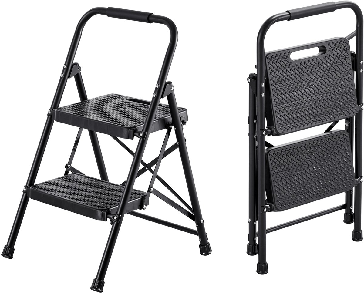 Opvouwbare 2-Treden Ladder met Antislip Treden en Ergonomische Handgreep, Stevige Huishoudladder met Een Draagvermogen van 272 Kg, Compacte Veiligheidsladder voor Gebruik in Keuken, Woning en Kantoor, Zwart