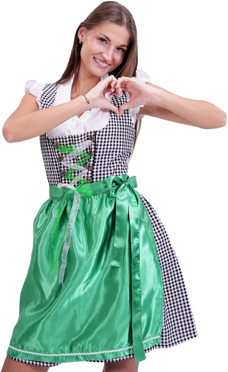 Zebra & Friends Deluxe Dirndl Eva - M - Oktoberfest Dames - Kleed met bloesje en schort - Tiroler Carnavalskleding - Maat 40 - Zwart met Wit en Groen