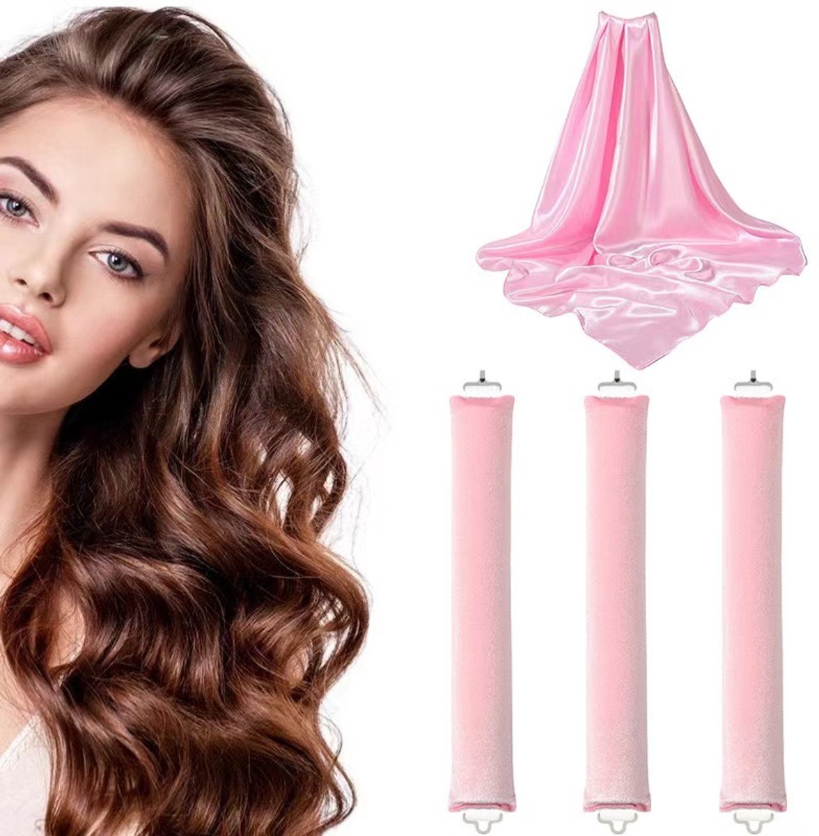 Set van 3 hittevrije krultangen voor 's nachts met 1 sjaal, hittevrije haarkruller, föhnkrullers voor lang, geföhnd haar (roze)