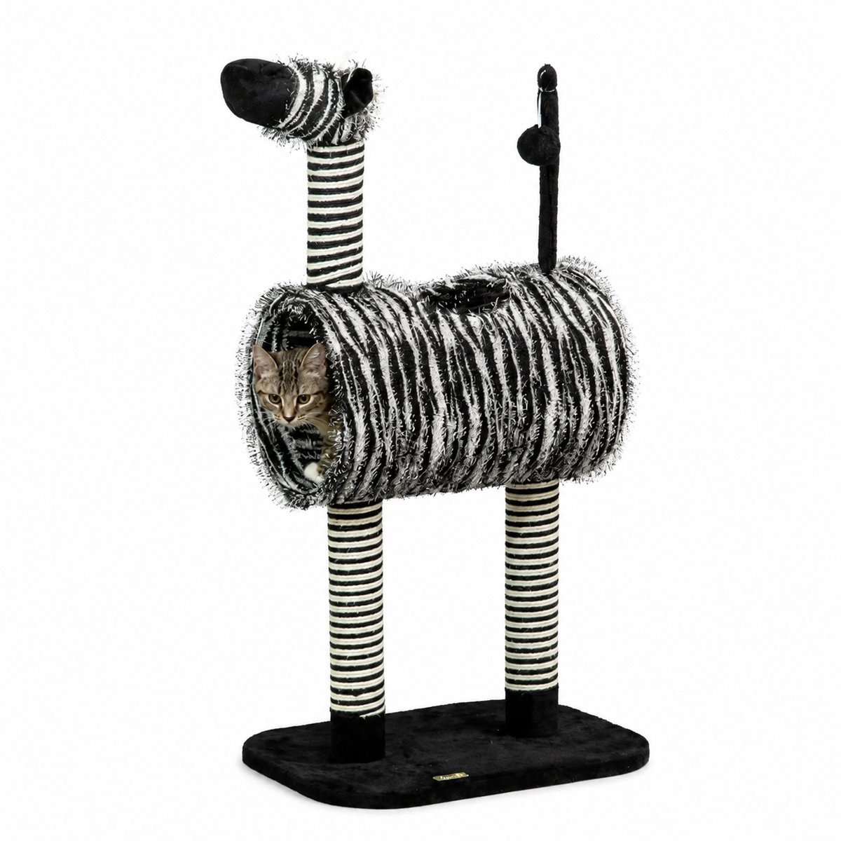 Sello! krabpaal – krabmeubel – vorm van een zebra – tunnel – speelbal – jute – pluche – L48,5 × B35 × H93 cm – wit – zwart