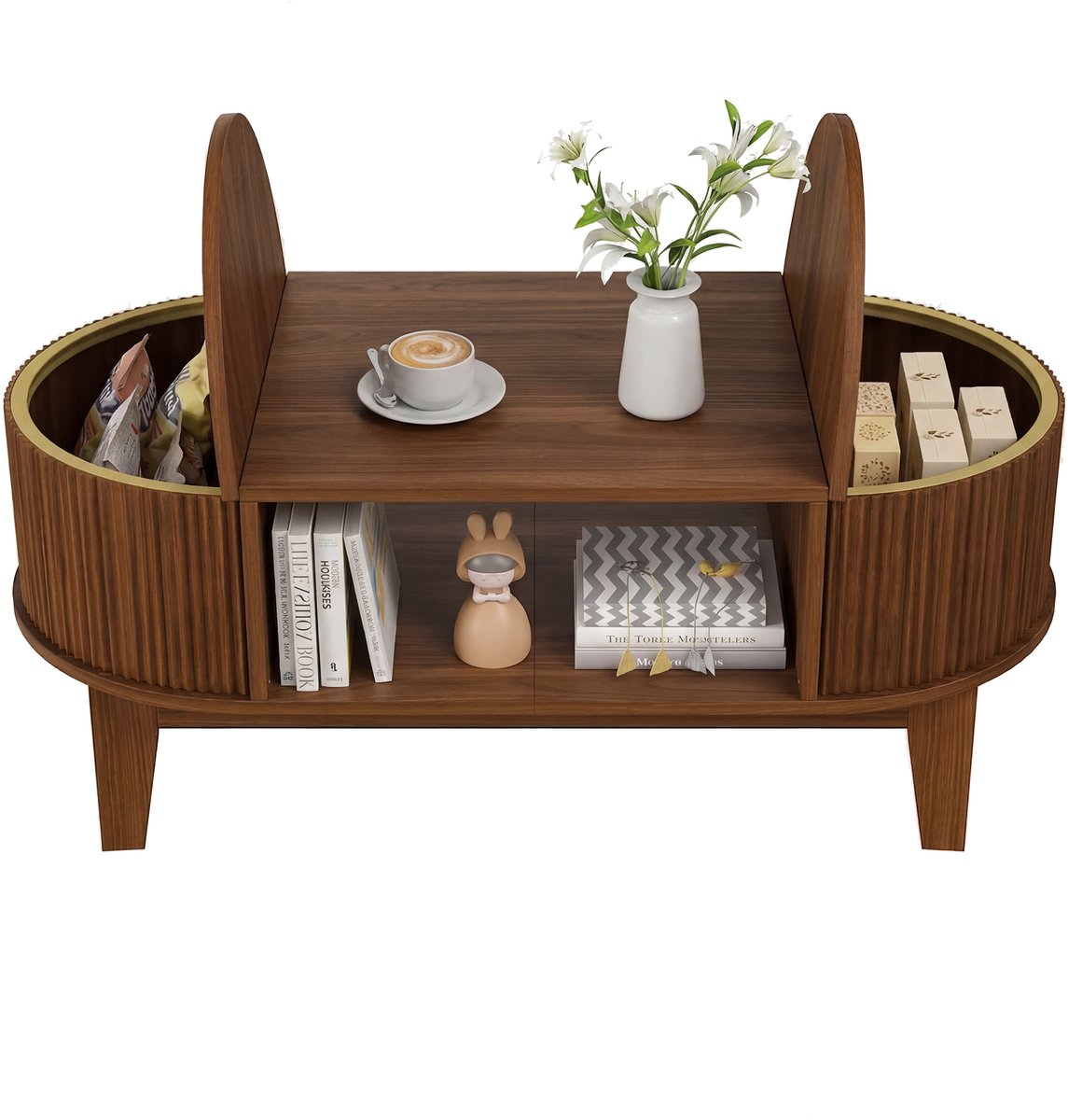 Salontafel 100x50x40,5 cm, ovale koffietafel met verborgen opbergruimte, moderne woonkamer tafel met gebogen design, houtlook