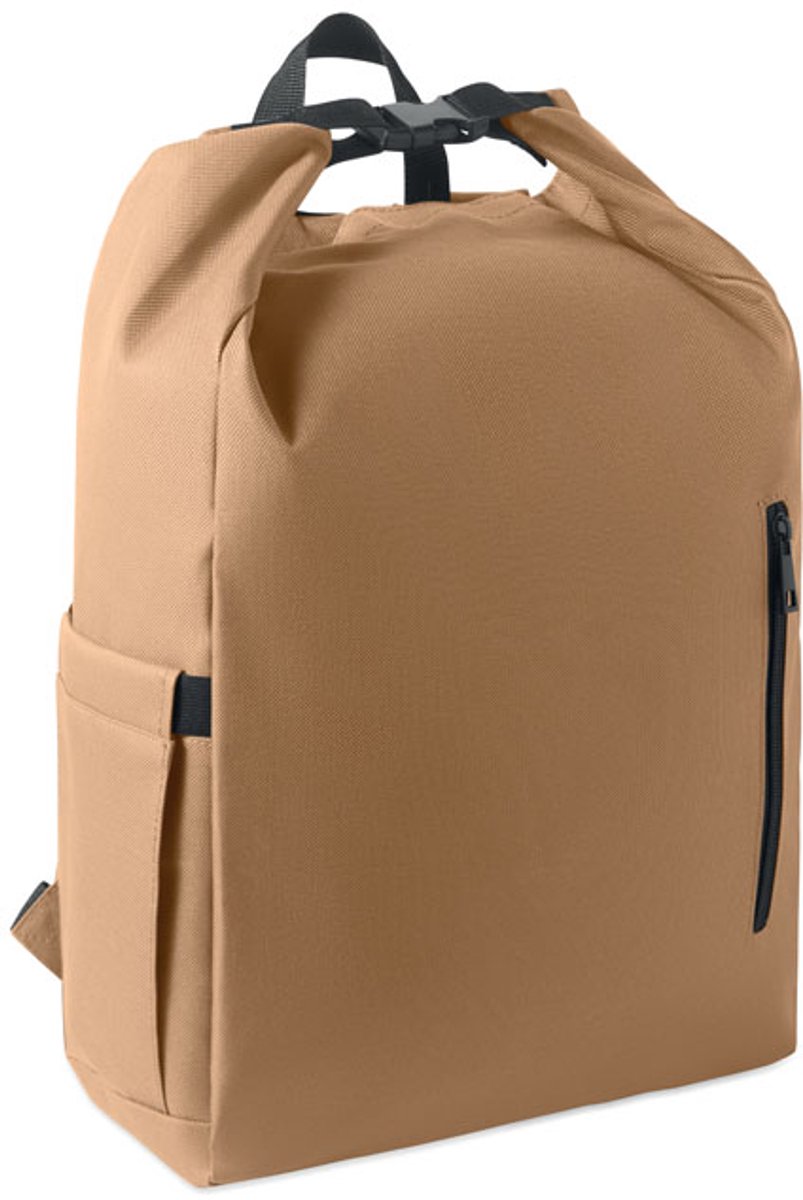 Rolltop 15-inch laptoprugzak van 600D RPET polyester met 210D RPET gewatteerde voering. Voorzien van een voorvak met rits, elastisch zijvak en verstelbare schouderbanden. Khaki