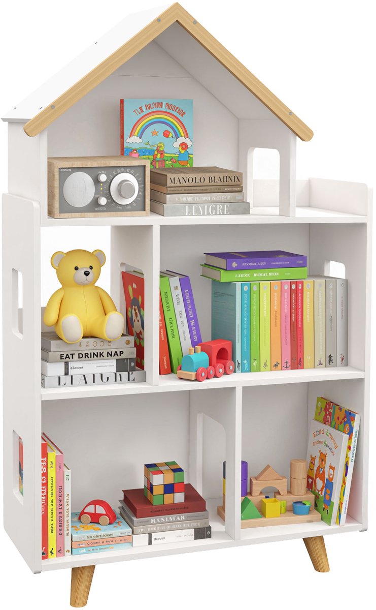 Opbergrek voor kinderspeelgoed en boeken-opbergkast- huisvorm-3 niveaus-65 x 25 x 108,5 cm-wit en natuur