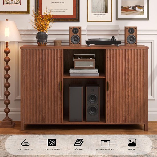 BROTTAR 47,2" platenspelermeubel bruin met geribbelde deuren, vinylplatenkast voor 7"/10"/12" LP's, 16 opbergvakken, stofvrije opberging, mid-century design voor woonkamer en muziekhoek — afbeelding 3