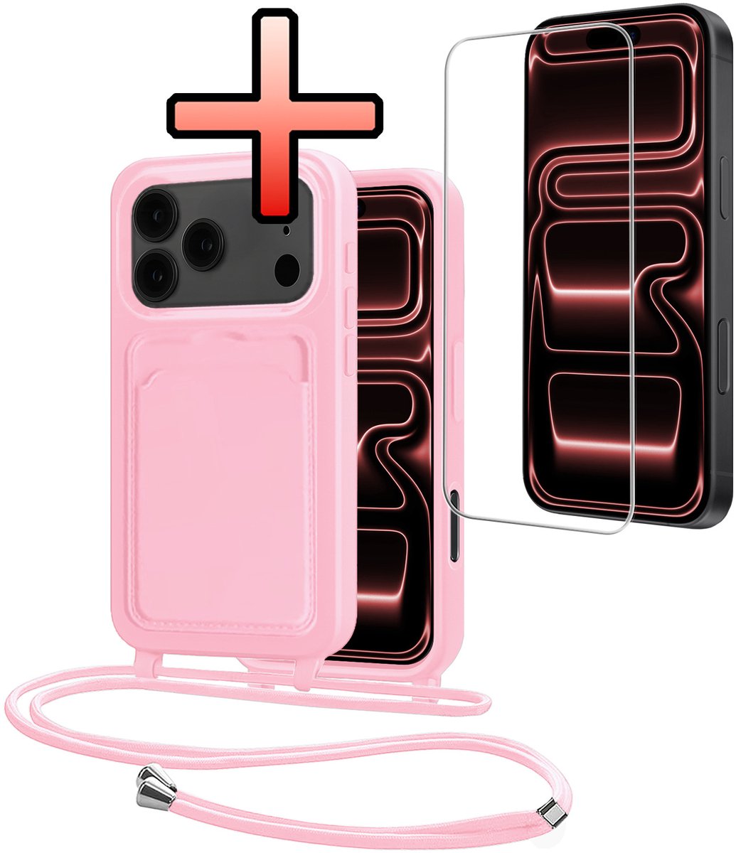 Hoes Geschikt voor iPhone 18 Pro Met Telefoonkoord Met Screenprotector - Siliconen Hoesje Backcover Met Ketting - Lichtroze