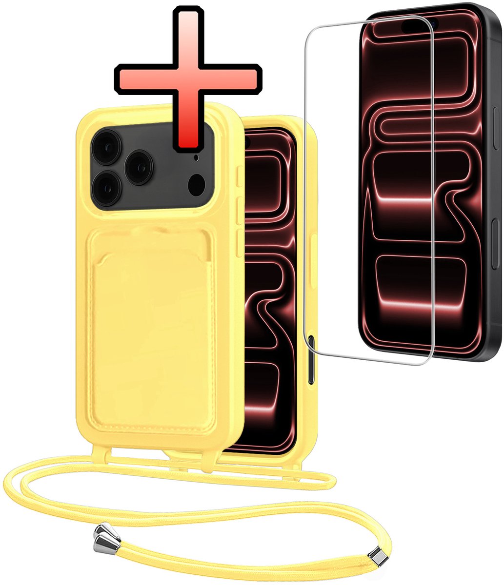 Hoes Geschikt voor iPhone 18 Pro Met Telefoonkoord Met Screenprotector - Siliconen Hoesje Backcover Met Ketting - Geel