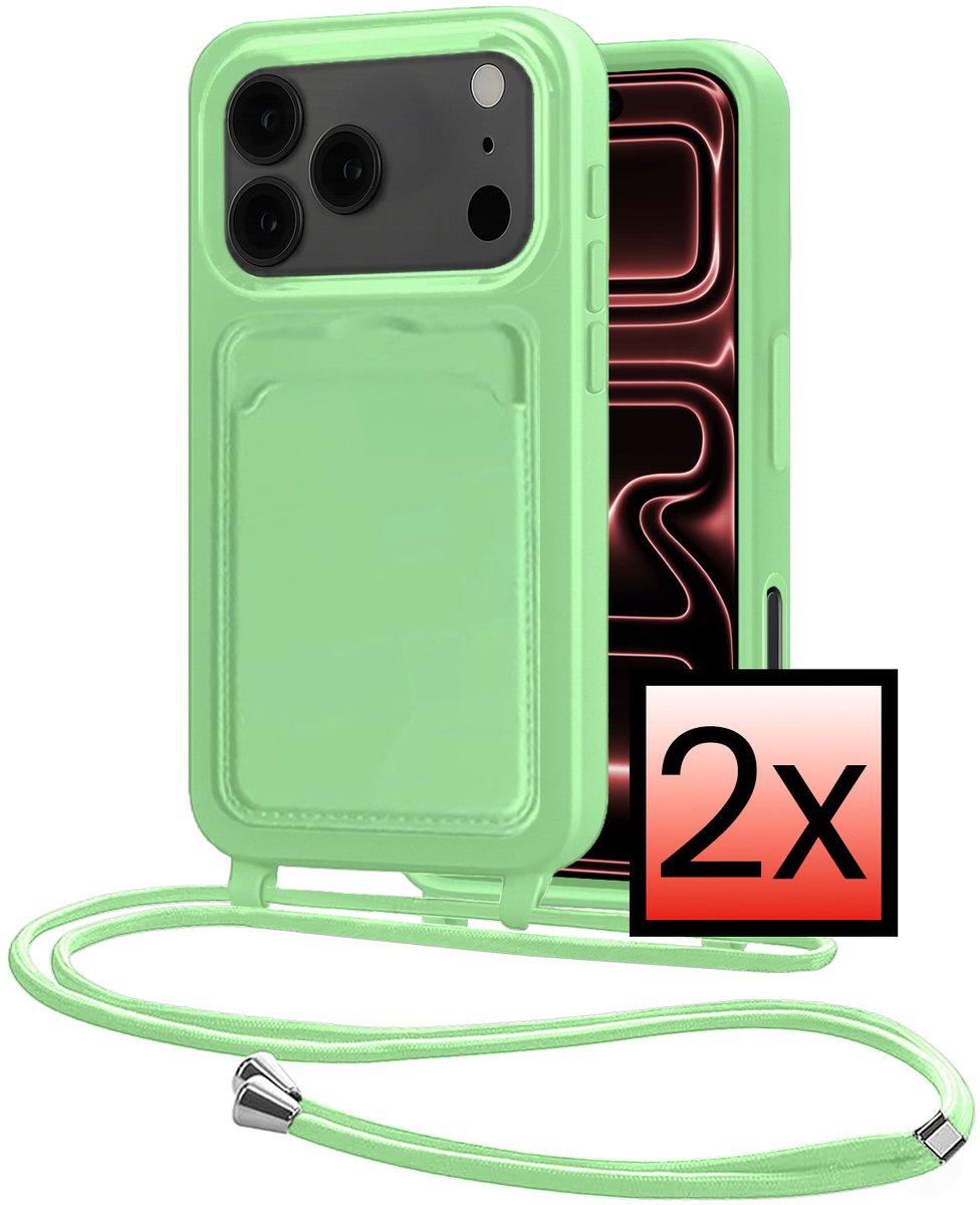 Hoes Geschikt voor iPhone 18 Pro Met Telefoonkoord - Siliconen Hoesje Backcover Met Ketting - Groen - 2 PACK