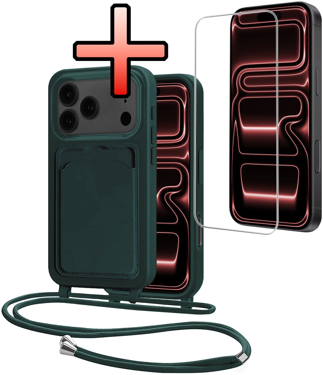 Hoes Geschikt voor iPhone 18 Pro Met Telefoonkoord Met Screenprotector - Siliconen Hoesje Backcover Met Ketting - Donkergroen