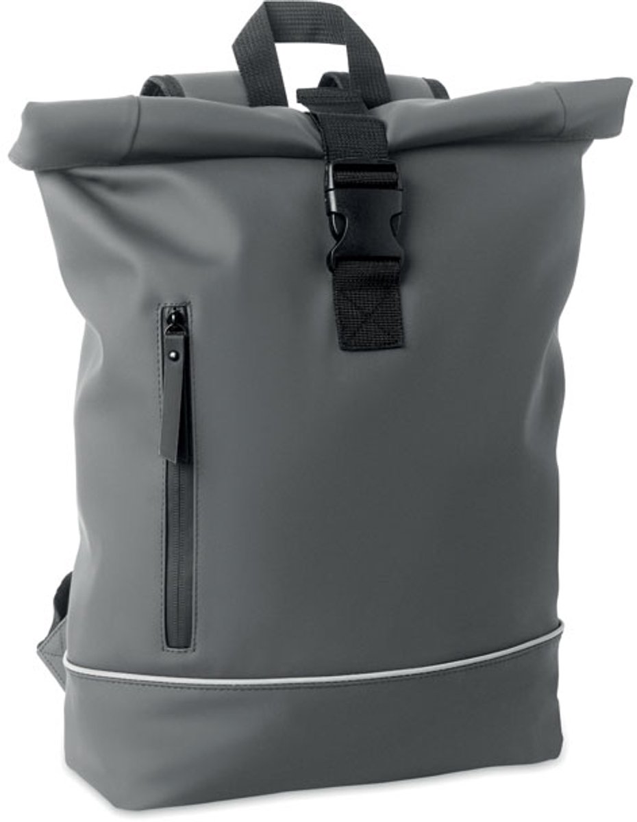 15 inch rolltop laptoprugzak in zacht PU met gevoerde achterkant en basisversterking met reflecterende strip Steen Grijs