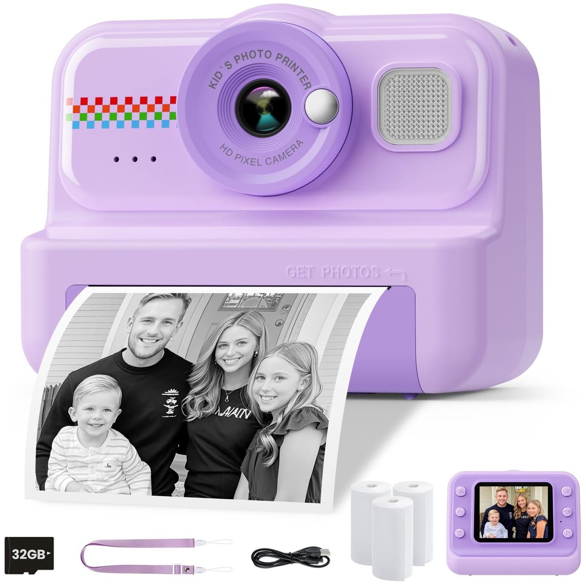 Solidchoice - Instant Kinderfotocamera HD/1080P met 32G-Kaart en Printpapier