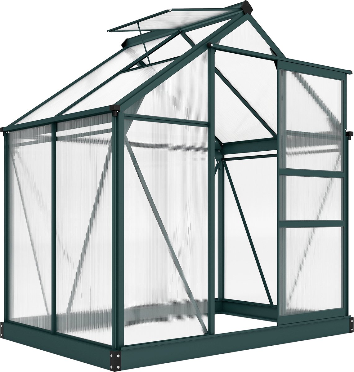 Kas met dakraam deur 190 x 132 x 201 cm plantenhuis met fundering inloop tomatenhuis weerbestendig polycarbonaat groen + transparant | versterken fundering, schuifdeur, uv-bescherming 30+, bestendig, broeikas, tomatenhuis, plantenhuis, tuin buiten