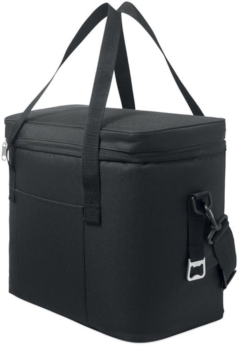 Koeltas van 600D RPET polyester met PU-coating. Inclusief 1 voorvak en 1 binnenvak van mesh. Isolerende PEVA-voering met 6mm PE-schuim. Inclusief 2 handgrepen en 1 verstelbare schouderband. Inhoud 18L KLEUR ZWART
