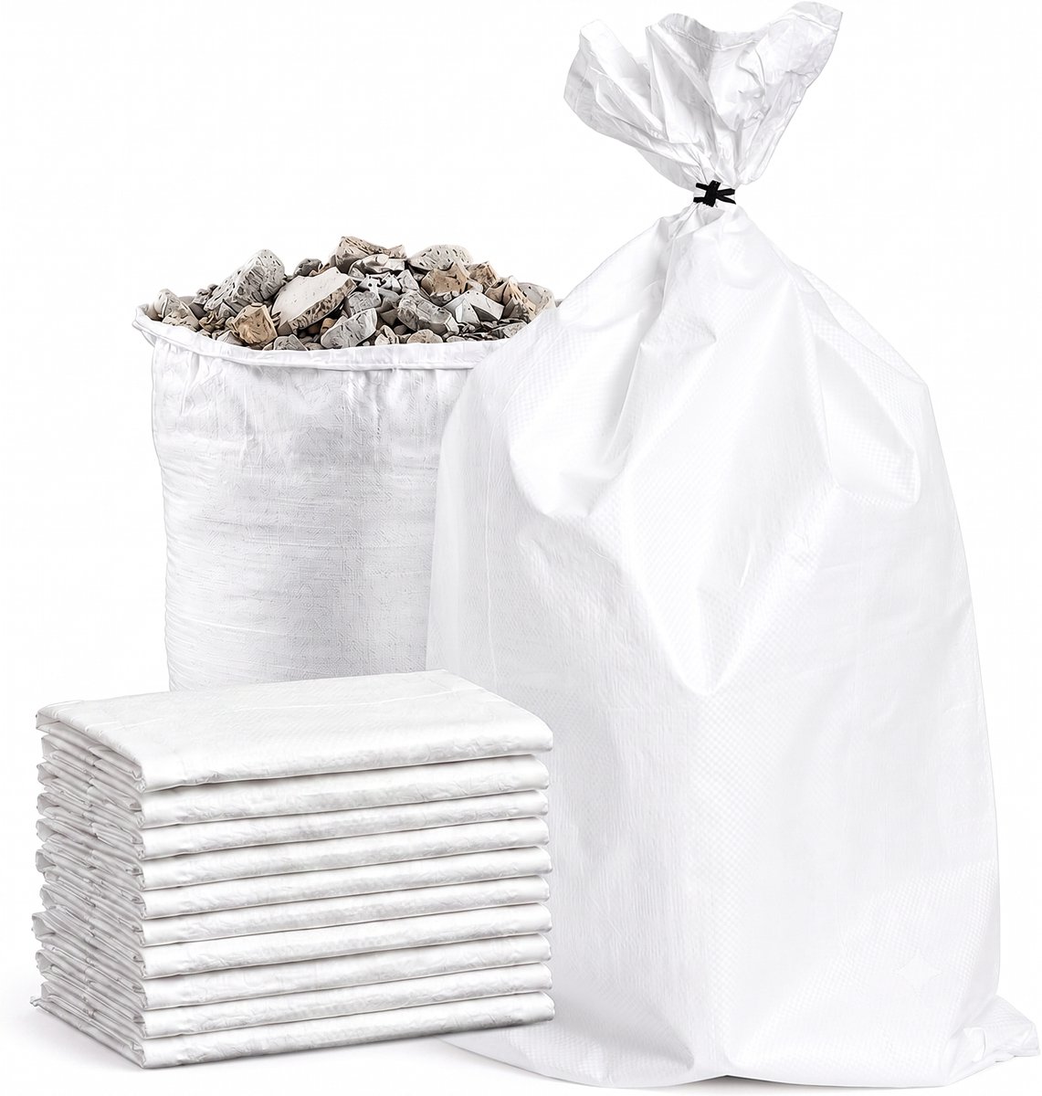 Puinzakken - 10 Stuks - Extra Sterke Geweven Zakken - Dubbel Gestikt - Belastbaar tot 55 kg - 65L (55x95 cm) - Geschikt voor Puin, Zand, Graan & Tuinafval - Wit