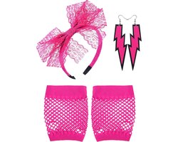 Blulu Jaren 80 kostuum accessoires voor vrouwen kanten hoofdband neon oorbellen visnet handschoenen voor jaren 80 - ShopVlot