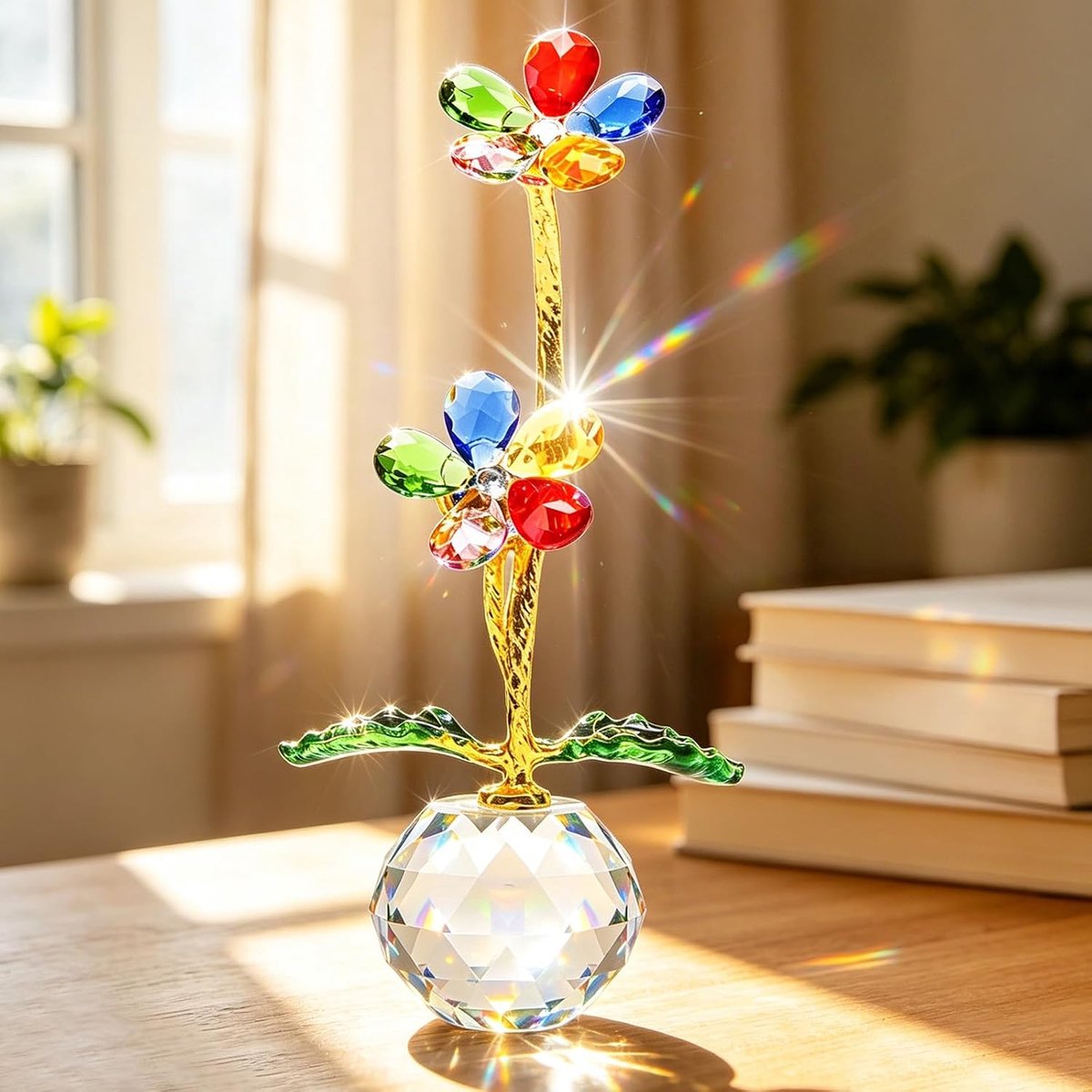 Hoypeyfiy Crystal Colourful Small Daisy Figure, Stem Glass Flowers in Elegant Crystal Vase, Charming Decoration for - ShopVlot