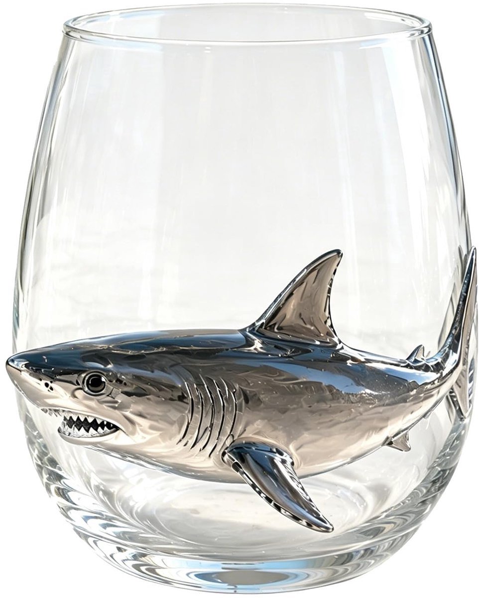 Casalora® Handgemaakt 3D Wijnglas zonder Voet – Maritiem Dier Design – Artistiek Drinkglas – Kustdecoratie – Cadeau voor Oceaanliefhebbers – Haai