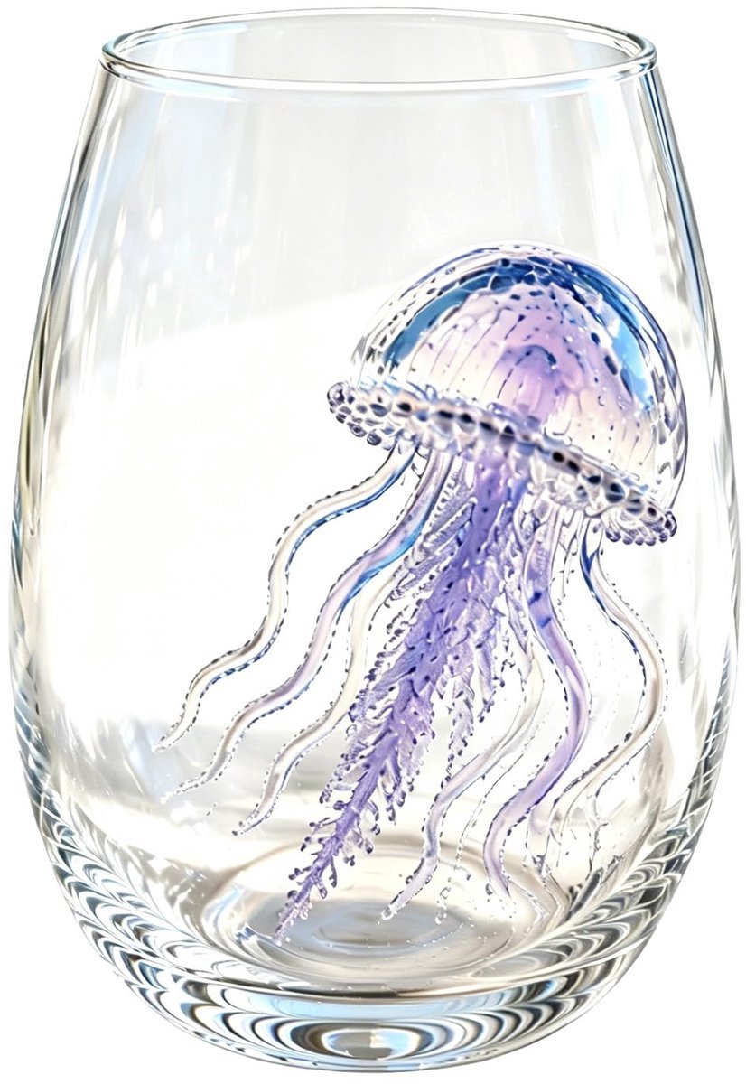 Casalora® Handgemaakt 3D Wijnglas zonder Voet – Maritiem Dier Design – Artistiek Drinkglas – Kustdecoratie – Cadeau voor Oceaanliefhebbers – Kwal