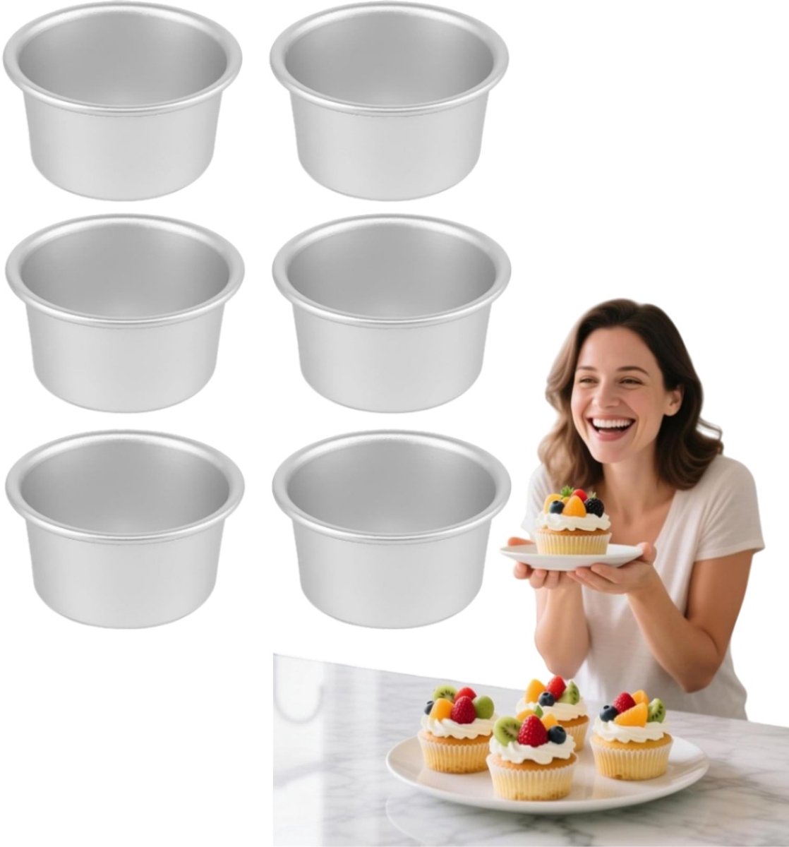 6 stuks - Mini ronde cakevormpjes - Geanodiseerd aluminium - Bakvormpjes voor gebak - Dessertvormpjes - 9,5*7,3*5 cm - Geschikt voor zelfgemaakte biscuitgebakjes en diverse andere gebakjes - Zilver