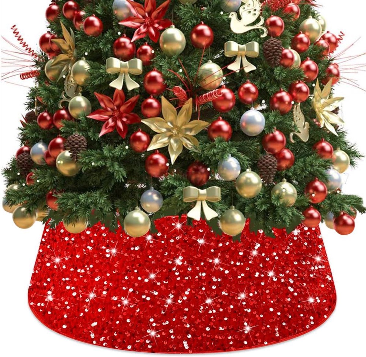 Namajunas - Kerstboomrok - Kerstboomversiering - 60 x 42 x 22 CM - Kerstboom-basishoes - Voor Kerstboom tot 5 voet - Kerstornamenten - Kerstboomkraag - Kerstversiering - Kerstversiering Decoratie Binnen - Rode Sequin Afwerking