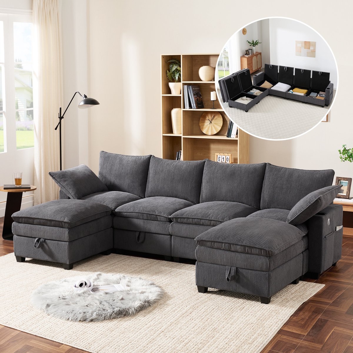 Modulaire Hoekbank - 6-Zits Corduroy Lounge Sofa Met Opbergruimte, USB En Bekerhouders - L-Vormige Bank Met Verplaatsbare Hockers - Comfortabele Bank Voor Woonkamer En Appartement - Grijs