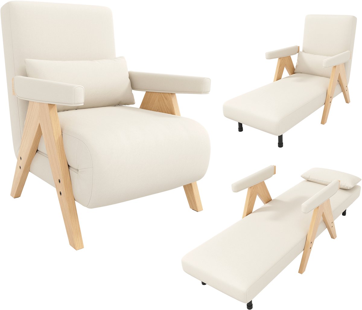 3-in-1 Slaapstoel - Verstelbare Fauteuil Met 6 Standen, Ligstoel En Eenpersoonsbed, Linnen, Beige