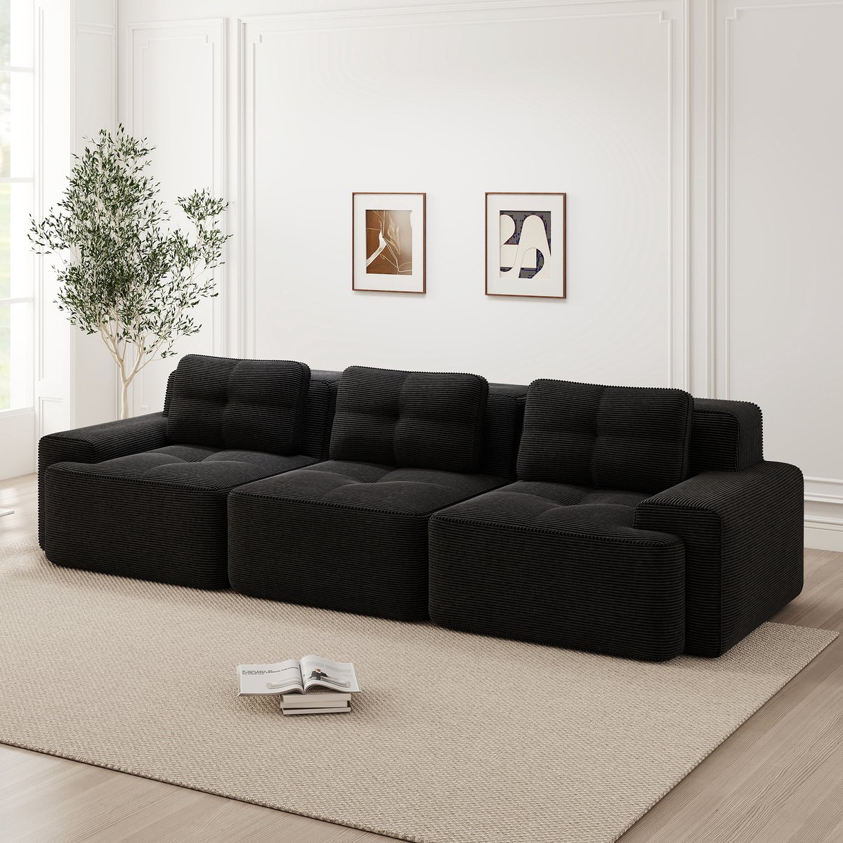 Modulaire Bank - 3-Zits Wolkenbank 293 Cm - Diepe Zit - Ribstof - Comfortabele Lounge Bank - Zwart