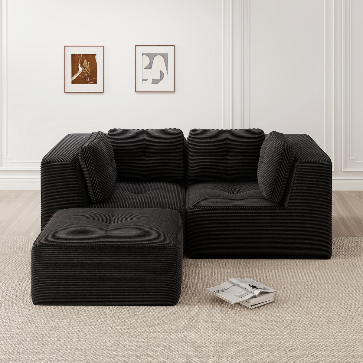 Modulaire Hoekbank - 2 Zits L Bank Ribstof - Frameloze Cloud Sofa Met Verplaatsbare Hocker - Diepe Zit Met 32D Schuim - Zonder Montage - Antislip Huisdiervriendelijke Lounge Bank Voor Woonkamer Slaapkamer - Zwart