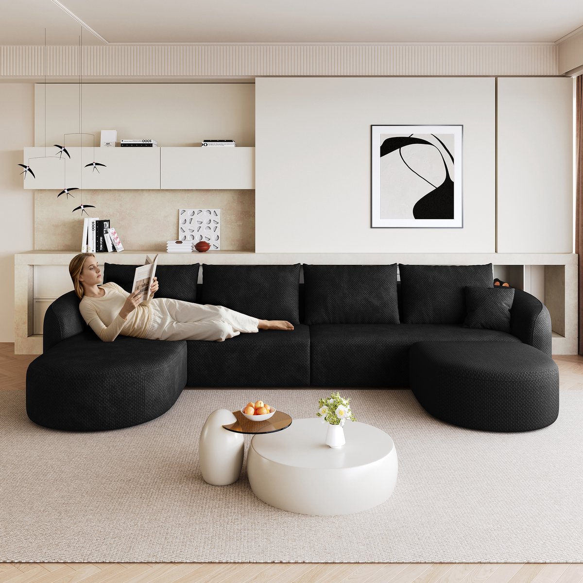 U-Vorm Hoekbank 336 cm - Luxe Modulaire Cloud Sofa 6 Personen Met Chenille Bekleding - Frameloze Lounge Bank Met Diepe Zit En Comfortabele Schuimvulling - Voor Woonkamer Appartement - Zwart