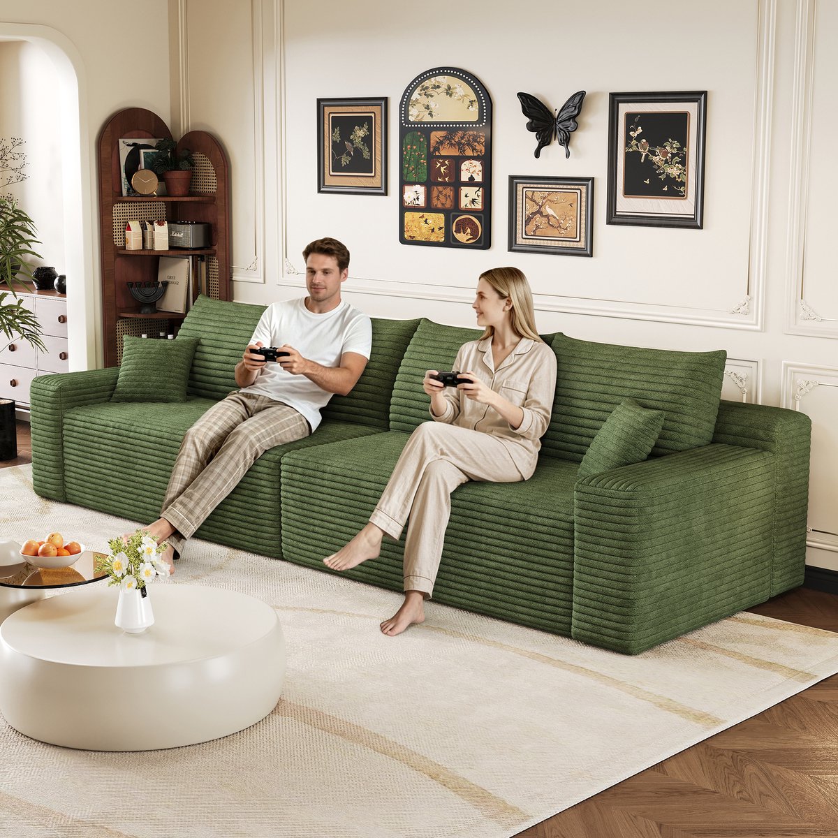 Modulaire 4 Zits Bank - Ribstof Lounge Sofa - Frameloze Cloud Bank Zonder Montage - 302 cm Hoekbank Met Zachte Schuimvulling - Moderne Bank En Slaapbank Voor Woonkamer - Groen