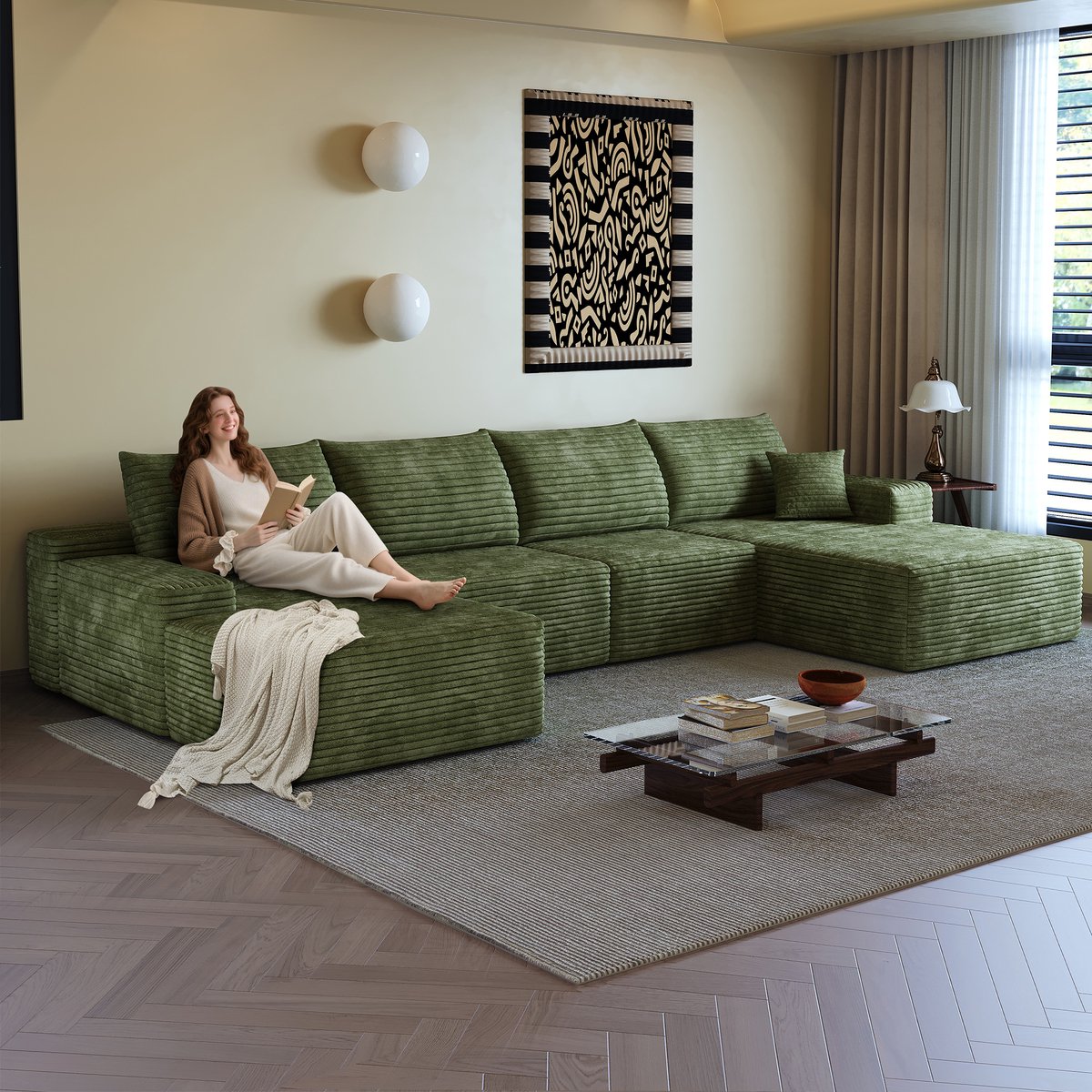 Modulaire Hoekbank - 5-Zits Corduroy Cloud Bank Met Chaise Longue - Diepe Zitbank Groen - Zachte Lounge Sofa Voor Woonkamer