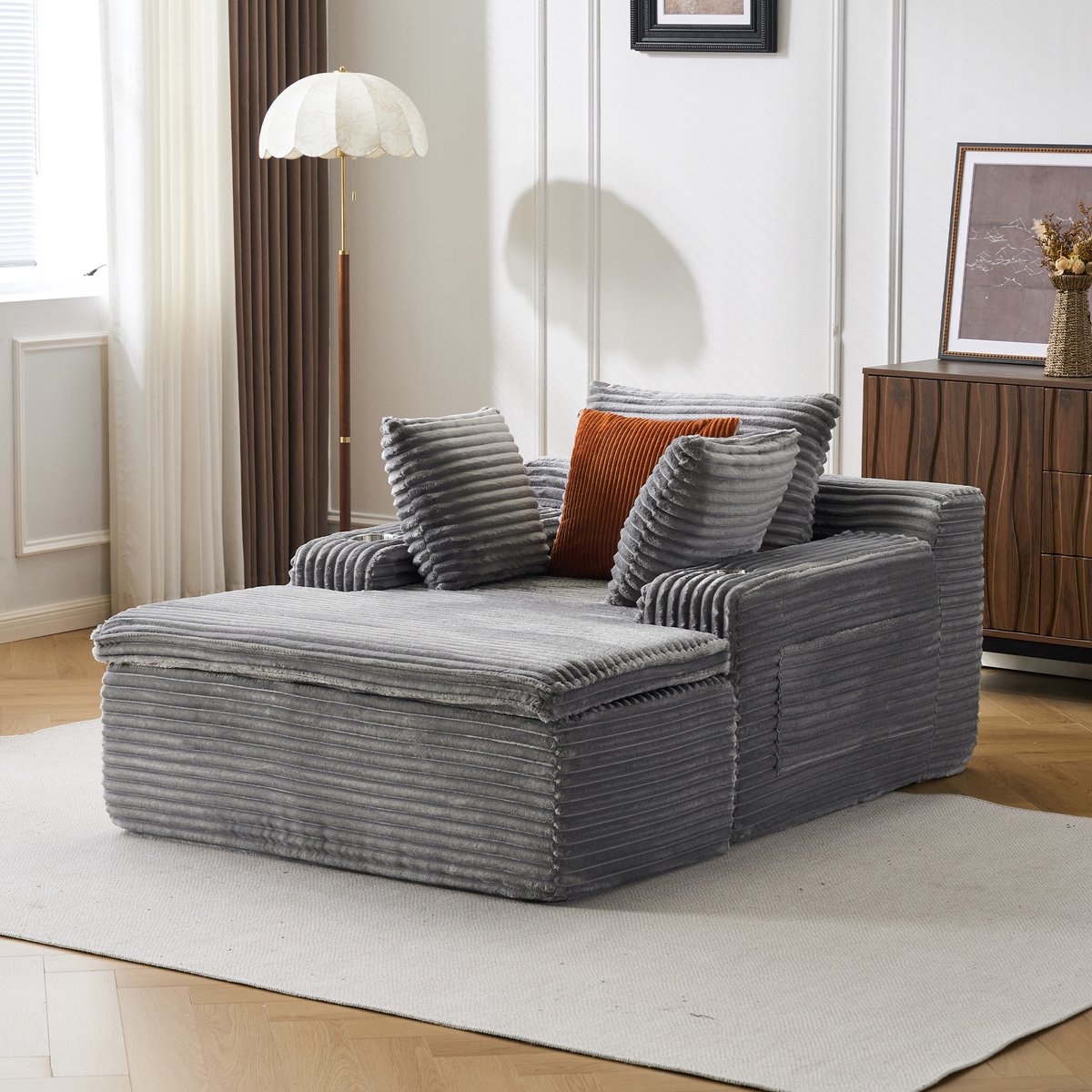 Zitbank Zonder Frame - Slaapbank Met Chaise Longue - Grijs Corduroy - 3 Kussens