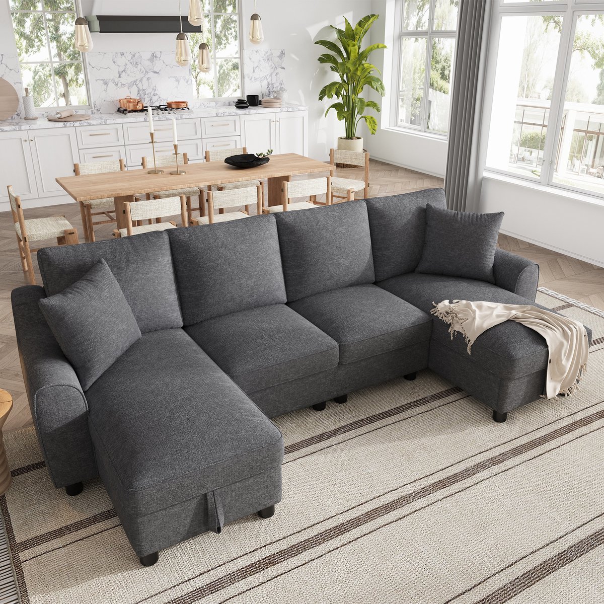 U Vormige Hoekbank - 4-Zits Chenille Bank Met Lounge En Opbergruimte - Grijs