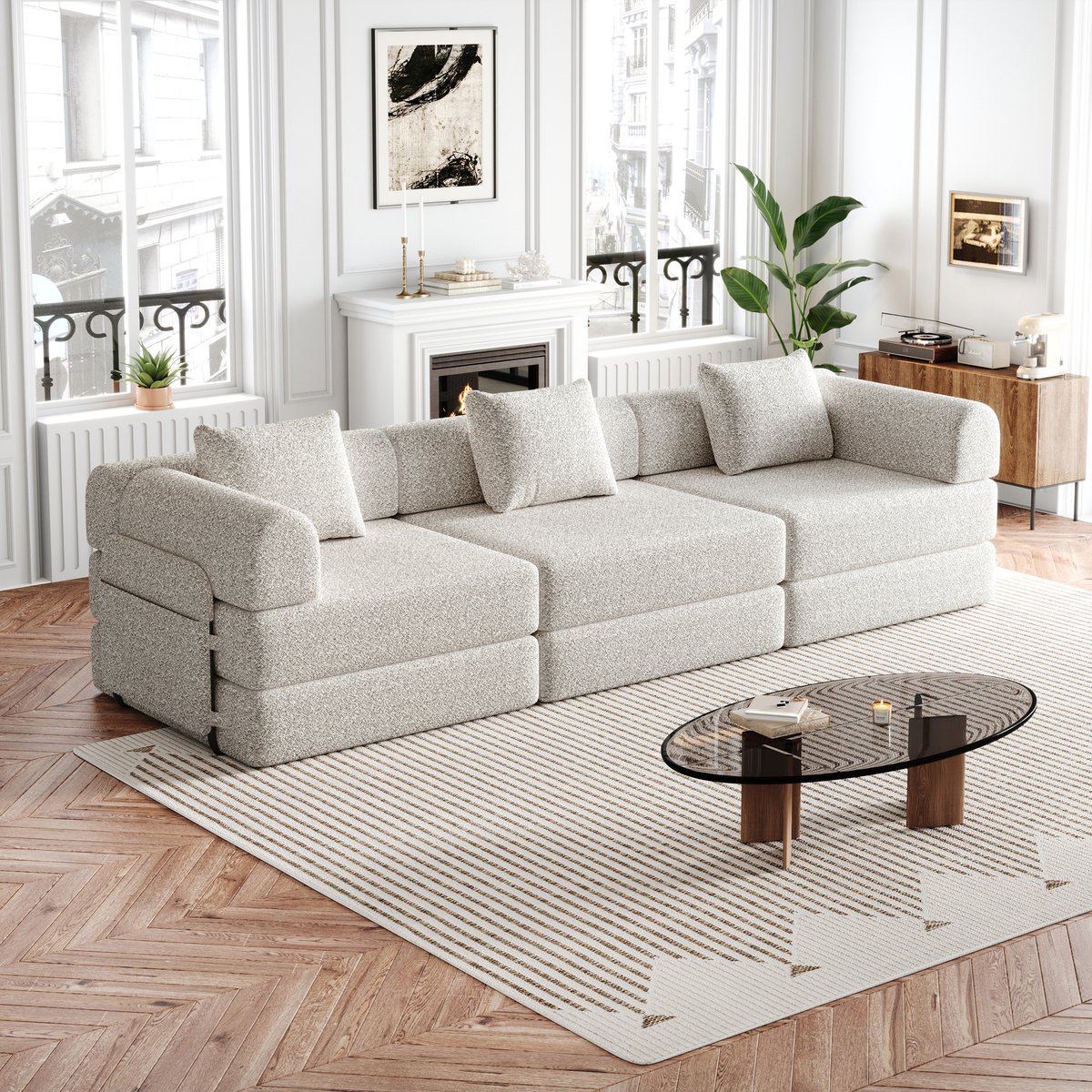 Slaapbank 3-Zits - 2-in-1 Modulaire Bank Van Chenille - Met Opbergruimte In Armleuningen - Kaki