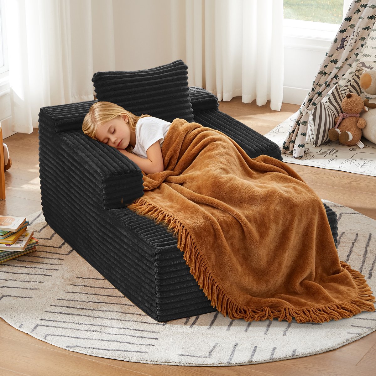 Corduroy Stoel-longue Sofa 27x27x94 cm, Zwart