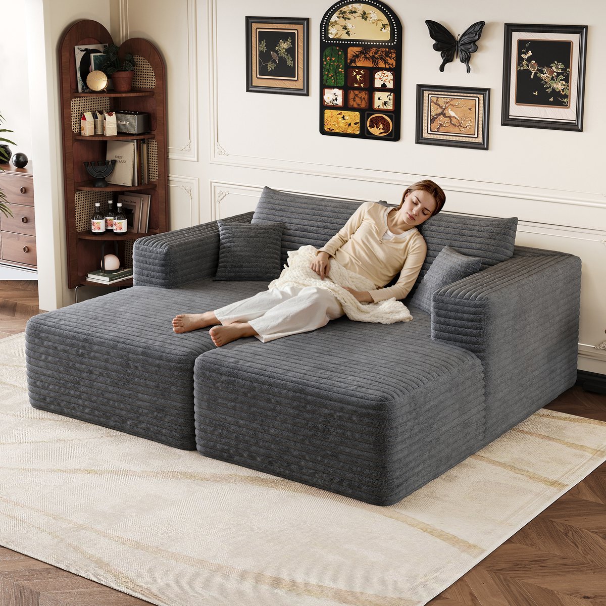 Modulaire Hoekbank - Ribstof Lounge Sofa Met Chaise Longue - 2-Zits Cloud Bank Zonder Frame - Comfortabele Diepe Zitbank Met Schuimvulling - Opvouwbare Sofa Bed Voor Woonkamer Appartement - Donkergrijs