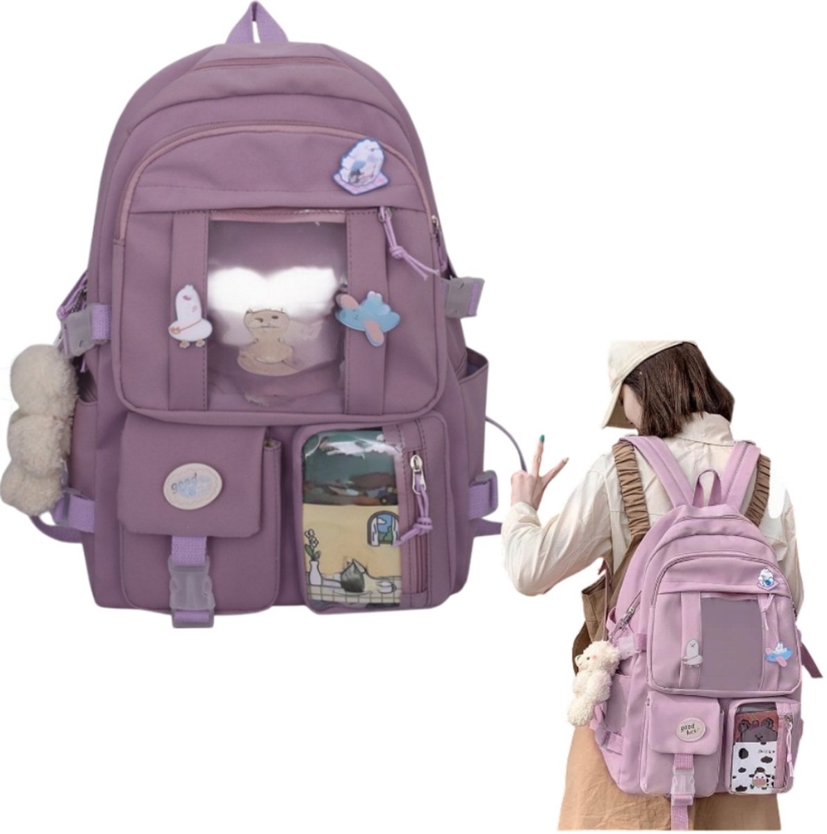 1 stuk - Nylon studentenrugzak - Tas met meerdere compartimenten met grote capaciteit - Schooltas voor studenten - Casual reistas - Wordt geleverd met een hangende badgekaart - 30*12*43 - Geschikt voor buitenreizen naar school - Paars