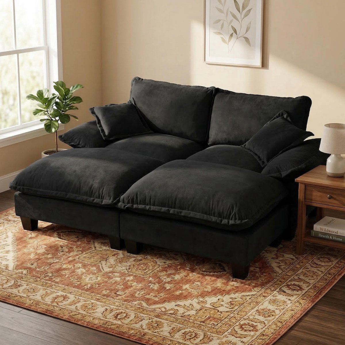 Modulaire Hoekbank - 4 Zits Chenille Cloud Sofa Met Hockers En Luxe Zitcomfort Zwart