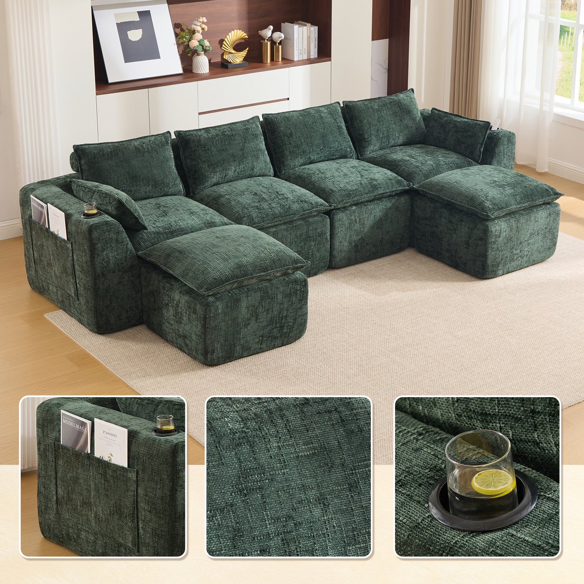 Lounge Bank - 4 Persoons Chenille Sofa Met Hocker Veerkern En Flexibele Opstelling Groen