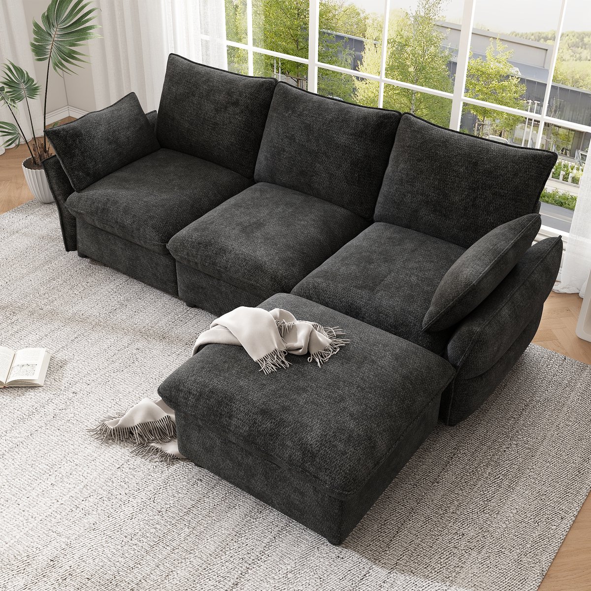VVBV Hoekbank 222.5x154.5x76.5 cm - L-Vorm - Donkergrijs, Chenille
