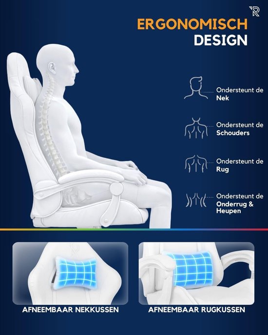 Gamingstoel met Verstelbare Rugleuning 90°-135° - Ergonomische PC Stoel met Armleuningen - Inclusief Rug- en Nekkussen - Comfortabele Bureaustoel voor Gaming, Kantoor en Thuiswerk - Wit — afbeelding 4