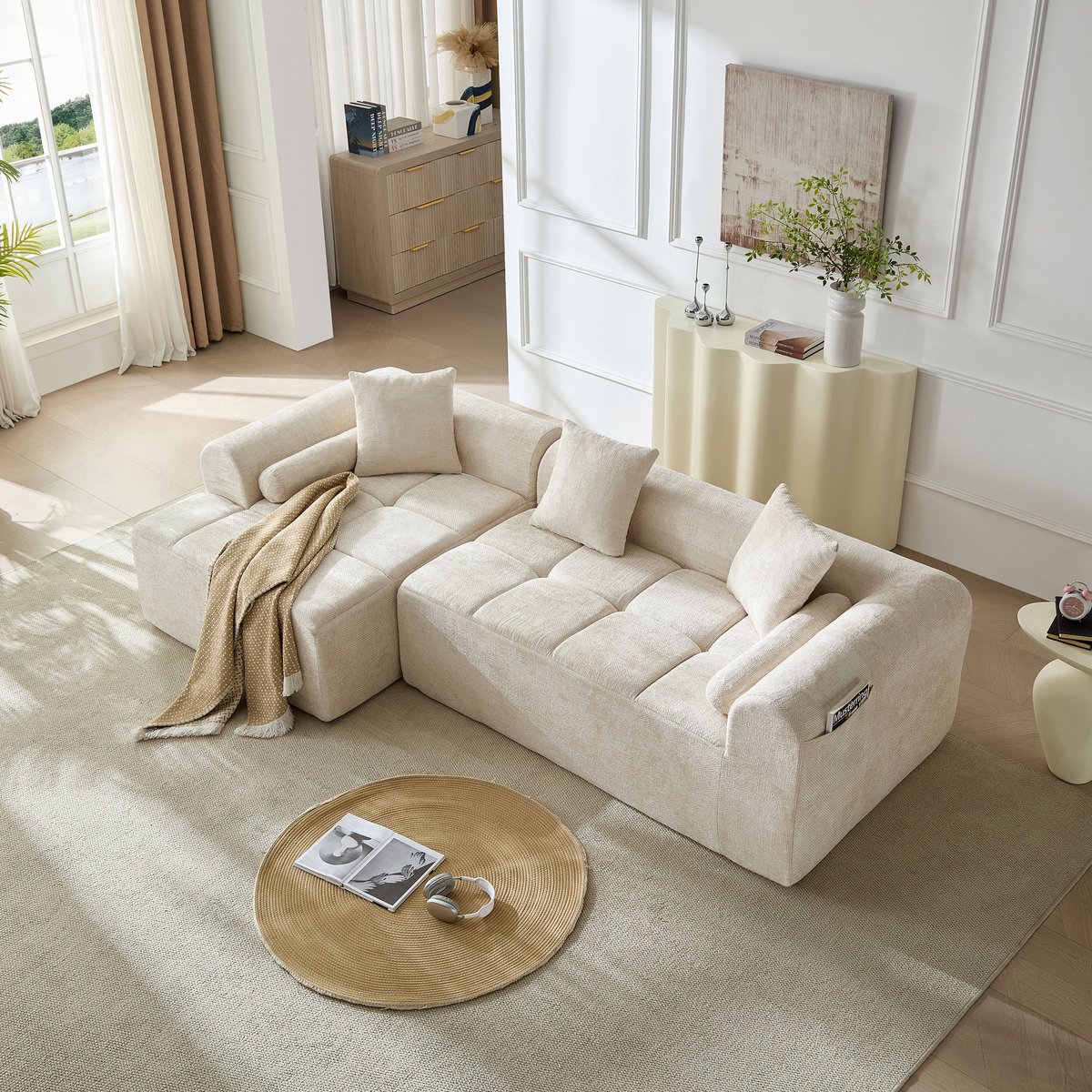 Chenille hoekbank L-vormig - Moderne loungebank met chaise longue - 2-3 zitsbank - Gewatteerd vierkant design - Luxe woonkamerbank - Beige