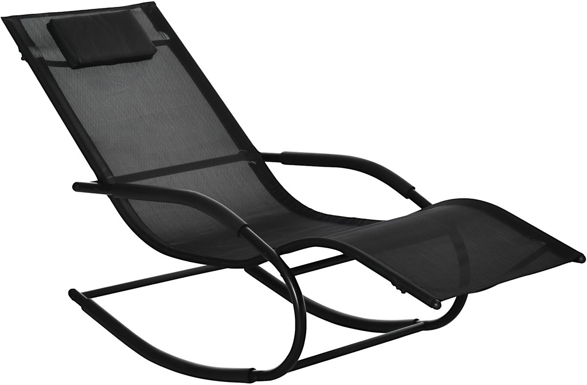 Schommelstoel, ligstoel, verstelbare hoofdsteun, gegalvaniseerd metaal en Textilene-doek, 62L x 150P, zwart