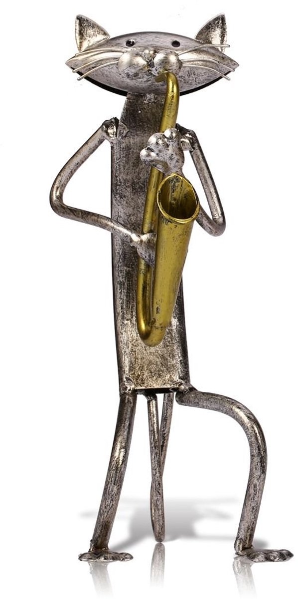 Solidchoice - Decoratieve Metaal Kat Sculptuur met Saxofoon - Unieke Interieurdecoratie