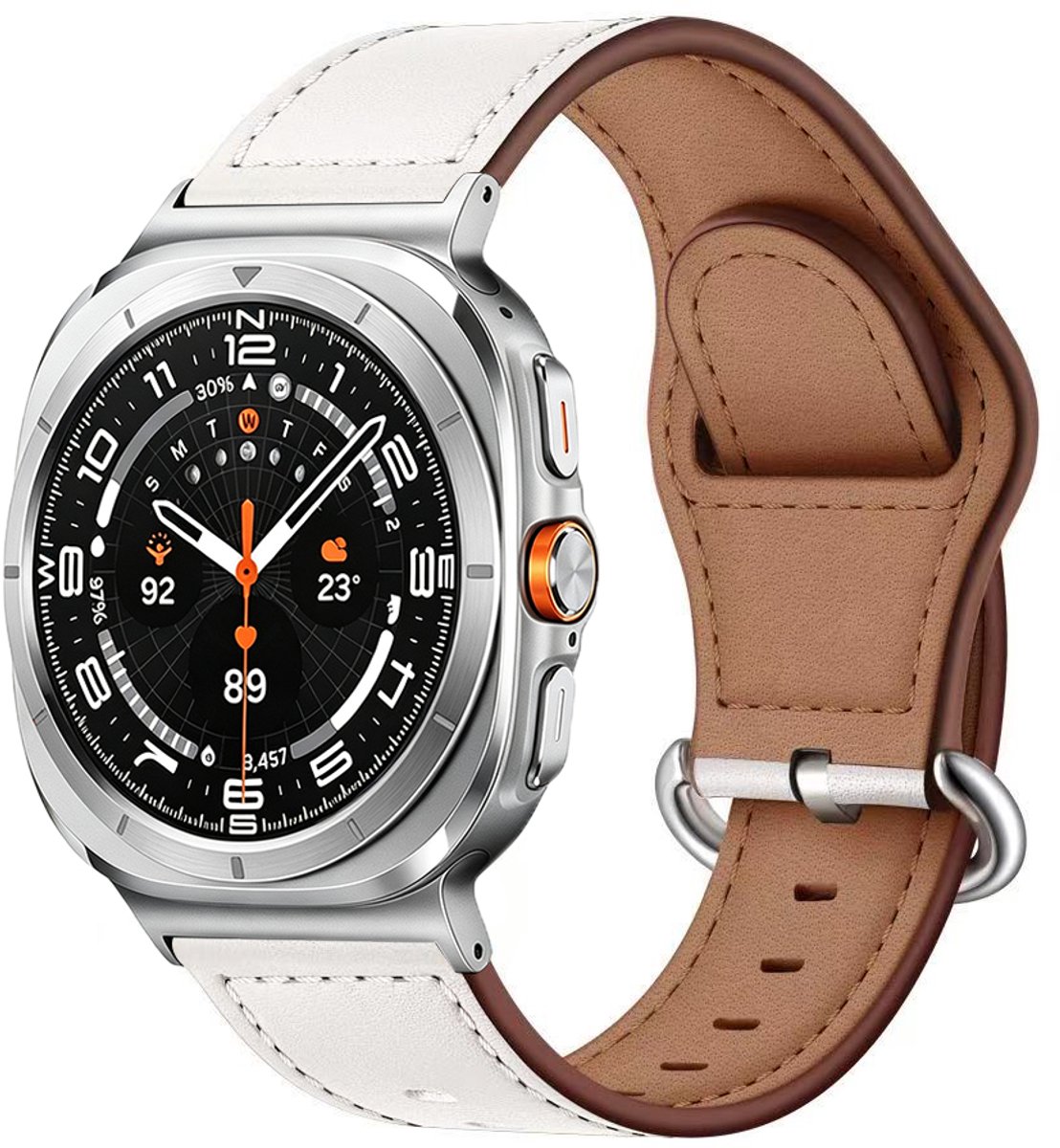 Stravo Echt Leer Bandje – Geschikt voor Samsung Galaxy Watch Ultra 2 47mm (2026) / Ultra 47mm (2024/2025) – Luxe Leren Horlogebandje met Ovale Gespsluiting – Wit
