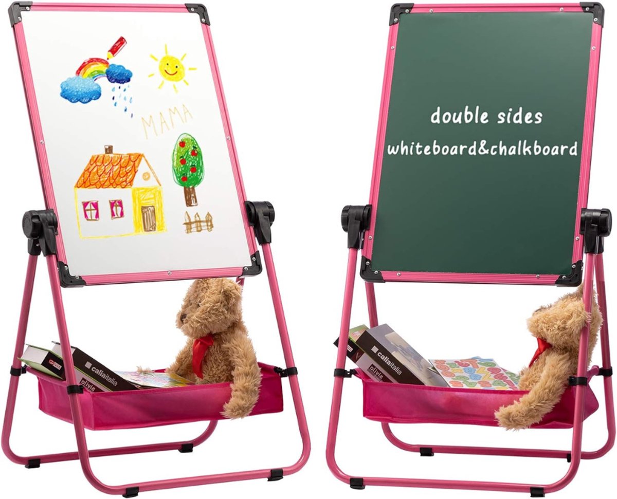 QUOVO® Krijtbord Staand - Krijtbord Kinderen Met Opbergruimte – Tekenbord in Hoogte Verstelbaar – Dubbelzijdig Schoolbord - Schrijfbord Uitwisbaar – Magnetisch Whiteboard – Educatief Speelgoed - Schildersezel - Roze - 72cm x 60cm x 8cm