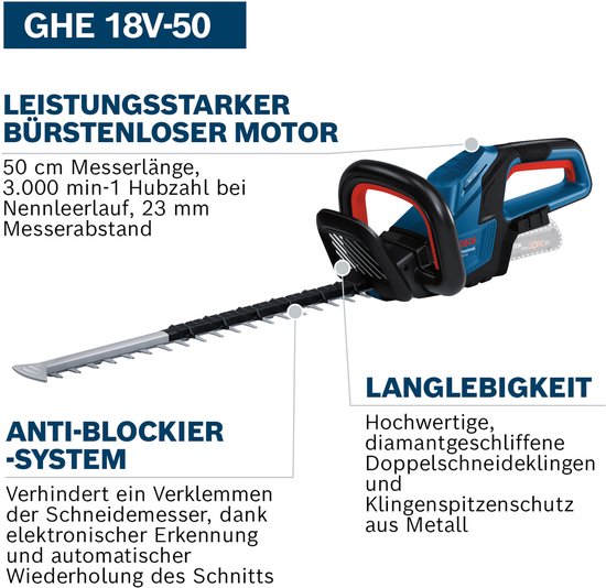 Bosch heggenschaar blauw met rode accenten, 50 cm meslengte. Anti-blokkeersysteem. "Langdurigheid" met diamantslijpvlakken.