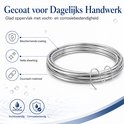 Zilverkleurig aluminiumdraad met beschermende coating, water- en corrosiebestendig.
